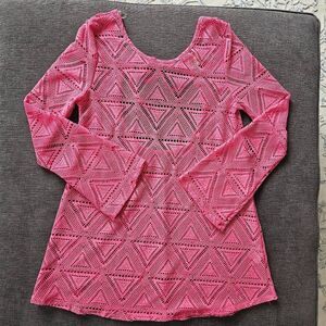 Lagaci Women's Pink Lace Back Tie Long Sleeve Crochet Cover Up Size Medium